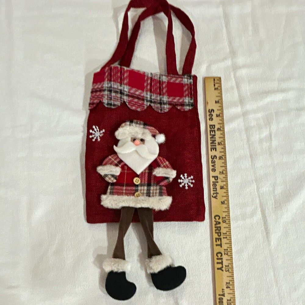 Small Red Fabric Christmas Gift Tote Bag Santa Claus Plaid Pattern Kids
